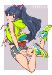 Rule 34 | 1girl, absurdres, alternate costume, anjerain, blue eyes, blue hair, bow, character name, fanny pack, ganaha hibiki, hair bow, highres, idolmaster, idolmaster (classic), jumping, looking back, nike (company), shoes, sneakers, solo, sports bra, tongue, tongue out, vest