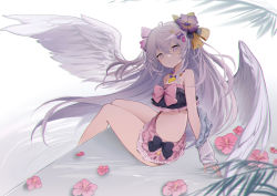 Rule 34 | 1girl, absurdres, ahoge, angel wings, azusa (blue archive), azusa (swimsuit) (blue archive), bare shoulders, bikini, bikini skirt, blue archive, bow, feathered wings, flower, frilled bikini, frills, hair flower, hair ornament, highres, jewelry, long hair, long sleeves, looking at viewer, midriff, navel, necklace, off shoulder, pink bow, pink eyes, pink flower, shibuya (kurokamishain), sitting, solo, stomach, swimsuit, thighs, very long hair, white hair, wings