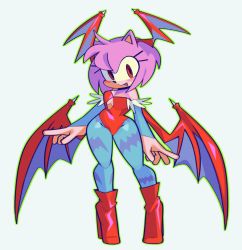 Rule 34 | amy rose, bat wings, boots, cosplay, furry, high heel boots, high heels, lilith aensland, lilith aensland (cosplay), red eyes, sega, sonic (series), sonic (series), white background, wings