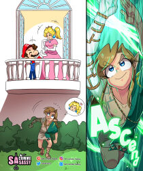 Rule 34 | 1girl, 2boys, absurdres, arms up, balcony, blonde hair, blue eyes, closed eyes, closed mouth, dress, elbow gloves, facial hair, full body, gloves, grass, highres, link, looking up, mario, mario (series), multiple boys, mustache, nintendo, outdoors, overalls, pink dress, pointy ears, princess peach, puffy short sleeves, puffy sleeves, red headwear, sandals, sasa tseng, short sleeves, smile, standing, the legend of zelda, the legend of zelda: tears of the kingdom, tunic, white gloves