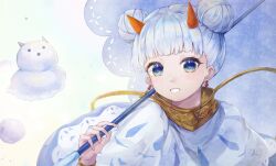 Rule 34 | 1girl, absurdres, another eden, blue eyes, cone horns, double bun, earrings, grin, hair bun, highres, holding, holding umbrella, horns, jewelry, looking at viewer, slime (user jpds8754), smile, snow, snowman, solo, umbrella, white hair, yukino (another eden)