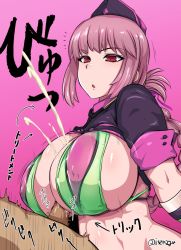 Rule 34 | 1boy, 1girl, bikini, blush, braid, breasts, cum, ejaculation, fate/grand order, fate (series), florence nightingale (fate), florence nightingale (trick or treatment) (fate), gloves, green gloves, hat, hetero, highres, isemagu, large breasts, long hair, navel, official alternate costume, paizuri, paizuri under clothes, parted lips, penis, pink hair, red eyes, revealing clothes, shrug (clothing), solo focus, stomach, swimsuit, twitter username, uncensored, upper body