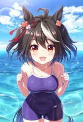 Rule 34 | 1girl, :d, ahoge, animal ears, bare arms, bare shoulders, black hair, blue one-piece swimsuit, blue sky, blurry, blurry background, blush, breasts, cleavage, clenched hands, cloud, cloudy sky, colored eyelashes, commentary request, covered navel, cowboy shot, day, depth of field, hair between eyes, hair ornament, hands up, highres, horizon, horse ears, horse girl, horse tail, kitasan black (umamusume), leaning forward, looking at viewer, medium breasts, multicolored hair, ocean, one-piece swimsuit, open mouth, outdoors, red eyes, sky, smile, solo, standing, streaked hair, swimsuit, tail, thighs, tomo (tmtm mf mf), two side up, umamusume, water, white hair