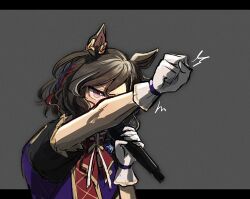 Rule 34 | 1girl, animal ears, bow, bowtie, braid, brown hair, clenched hand, gate of infinity (umamusume), gloves, grey background, highres, holding, holding microphone, horse ears, jacket, kashu ri, letterboxed, microphone, multicolored hair, outside border, outstretched arm, pink eyes, purple jacket, short hair, short sleeves, single braid, solo, streaked hair, tap dance city (umamusume), umamusume, upper body, white gloves