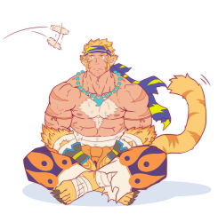 Rule 34 | 1boy, abs, animal ears, animal feet, another eidos-r, bara, blonde hair, blue headband, body fur, cat teaser, chest hair, crossed legs, full body, headband, highres, jewelry, kagemaru (kagemaru321), large pectorals, long sideburns, looking up, magatama, magatama necklace, male focus, midriff sarashi, motion blur, motion lines, muscular, muscular male, necklace, nipples, pectorals, pugi (another eidos), sarashi, short hair, sideburns, sitting, solo, stomach, tail, tail wagging, thick eyebrows, tiger boy, tiger ears, tiger tail, topless male