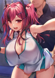 Rule 34 | 1boy, 1girl, azur lane, bare arms, bare shoulders, blouse, blush, breasts, bremerton (azur lane), bremerton (scorching-hot training) (azur lane), cleavage, closed mouth, collared shirt, commentary, commentary request, hair ornament, hairclip, highres, jewelry, large breasts, long hair, multicolored hair, necklace, official alternate costume, open mouth, red eyes, red hair, shirt, smile, solo focus, streaked hair, thighs, tsuki tokage, two-tone skirt, white shirt