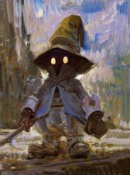 Rule 34 | 1other, baggy pants, belt buckle, black mage (final fantasy), blue coat, brown footwear, brown gloves, buckle, cloak, coat, commentary, english commentary, face in shadow, faux traditional media, final fantasy, gloves, glowing, glowing eyes, hat, highres, holding, holding staff, long sleeves, looking at viewer, outdoors, pants, robe, sky, solo, staff, standing, vivi ornitier, wizard, yellow eyes, yuming li