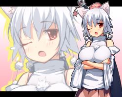 Rule 34 | 1girl, animal ears, bad id, bad pixiv id, bare shoulders, blush, breasts, crossed arms, detached sleeves, female focus, hat, impossible clothes, impossible shirt, inubashiri momiji, large breasts, one eye closed, open mouth, red eyes, shirt, short hair, silver hair, solo, sword, tokin hat, touhou, tsukushi sasa, upper body, weapon, wink, wolf ears, zoom layer