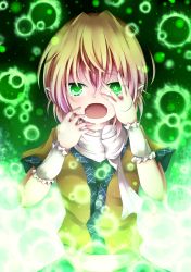 Rule 34 | 1girl, bad id, bad pixiv id, blonde hair, cup, fangs, female focus, green eyes, highres, kuroyume (dark495), mizuhashi parsee, open mouth, pointer, scarf, short hair, skirt, solo, symbol-shaped pupils, teacup, touhou, upper body, wrist cuffs