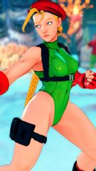 Rule 34 | 1girl, 3d, antenna hair, bare shoulders, blonde hair, blue eyes, braid, breasts, cammy white, clenched hand, covered navel, curvy, fighting stance, gloves, green leotard, groin, hat, highleg, highleg leotard, highres, leotard, lips, long hair, looking to the side, medium breasts, red gloves, red hat, ryona, screencap, shiny clothes, solo, street fighter, street fighter v, thighs, third-party edit, thong leotard, twin braids, very long hair, wide hips