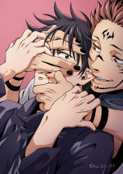 Rule 34 | 2boys, arm tattoo, biting, black hair, black jacket, black nails, blood, commentary request, covering face, ear biting, extra eyes, facial tattoo, finger biting, fingernails, forehead tattoo, fushiguro megumi, green eyes, hand grab, hand on another&#039;s face, holding another&#039;s wrist, jacket, japanese clothes, jujutsu kaisen, kimono, long sleeves, looking at another, male focus, multiple boys, nail polish, pink background, pink hair, red eyes, ryoumen sukuna (jujutsu kaisen), scarf, shan2000, short hair, spiked hair, tattoo, teeth, undercut, white kimono, yaoi