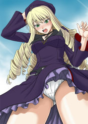 Rule 34 | 00s, 1girl, :o, adilisia lenn mathers, amulet, blonde hair, blush, choker, day, dress, drill hair, embarrassed, from below, green eyes, hat, holding, holding hat, long hair, long sleeves, misnon the great, open mouth, panties, pantyshot, petticoat, rental magica, sky, solo, standing, tsurime, underwear, wind, wind lift