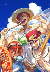 Rule 34 | 3boys, ashwatthama (fate), backwards hat, baseball bat, baseball cap, blonde hair, butterfly net, clenched teeth, dark-skinned male, dark skin, fate/grand order, fate (series), food, goggles, goggles on head, hand net, hat, highres, innertube, insect cage, looking at viewer, male focus, mori nagayoshi (fate), multiple boys, muscular, open mouth, orange hair, popsicle, red hair, red headwear, redrop, sakata kintoki (fate), sharp teeth, shirt, signature, smile, straw hat, sunglasses, swim ring, tank top, teeth, upper body, white shirt, yellow eyes