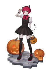 Rule 34 | 1girl, alternate costume, android, black choker, black dress, black footwear, black thighhighs, black wrist cuffs, bow, bowtie, brick floor, candy, choker, closed mouth, commentary request, dorothy haze, dress, fingernails, food, full body, hairband, halloween, halloween bucket, hand up, highres, horns, jack-o&#039;-lantern, joints, looking at viewer, megusuri nodoame kuensan, puffy short sleeves, puffy sleeves, red bow, red bowtie, red eyes, red hair, red hairband, red nails, robot joints, shadow, shoes, short hair, short sleeves, simple background, smile, solo, standing, striped clothes, striped hairband, thighhighs, va-11 hall-a, variant set, white background, wrist cuffs