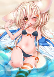 Rule 34 | 1girl, ahoge, animal ears, bikini, blonde hair, blush, breasts, breasts apart, felt (inuue kiyu), fox ears, fox tail, from above, front-tie bikini top, front-tie top, hair between eyes, hair ornament, huge ahoge, inuue kiyu, large ears, long hair, navel, one eye closed, original, side-tie bikini bottom, smile, solo, striped clothes, striped thighhighs, swimsuit, tail, thighhighs, tongue, yellow eyes