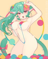 Rule 34 | 1girl, :3, animal ear fluff, animal ears, aqua hair, aqua nails, arm up, artist name, ball pit, blue nails, breasts, cat ears, cat girl, cat tail, cowboy shot, fang, flower, green hair, hair flower, hair ornament, highres, indie virtual youtuber, large breasts, light blush, multicolored nails, navel, open mouth, red eyes, red nails, red ribbon, ribbon, rosedoodle (vtuber), skin fang, slingshot swimsuit, solo, succuguts, swimsuit, tail, tail ornament, tail ribbon, v, virtual youtuber, yellow background, yellow nails
