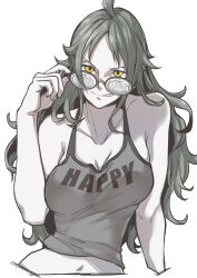 Rule 34 | 1girl, adjusting eyewear, ahoge, aosora2823, bare shoulders, breasts, cleavage, coke-bottle glasses, collarbone, glasses, highres, large breasts, licking lips, long hair, looking at viewer, midriff, monet (one piece), monochrome, navel, one piece, shirt, sleeveless, sleeveless shirt, solo, spot color, tongue, tongue out, upper body, wavy hair