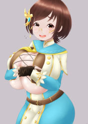 Rule 34 | 1girl, absurdres, black gloves, blue dress, blush, breasts, brown eyes, brown hair, chichae (monster hunter), cowboy shot, dress, fingerless gloves, glasses, gloves, grey background, hair ornament, highres, huge breasts, long sleeves, looking at viewer, matching hair/eyes, mee don, monster hunter (series), monster hunter rise, open mouth, short hair, simple background, smile, solo, standing, sweat, teeth, tongue, underboob, upper teeth only