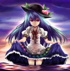 Rule 34 | 1girl, blue hair, clothes lift, dress, dress lift, female focus, food, fruit, hat, hinanawi tenshi, long hair, outdoors, peach, purple eyes, red eyes, see-through, sky, solo, tamajam, touhou, wading, water, wet, wet clothes