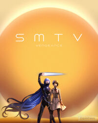 Rule 34 | 1boy, 1girl, blue hair, bodysuit, commentary, copyright name, dune: part two, dune (series), english commentary, glowing, glowing sword, glowing weapon, gzei, highres, long hair, looking at viewer, looking up, parody, protagonist (smtv), school uniform, shin megami tensei, shin megami tensei v, short hair, very long hair, weapon