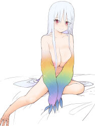 Rule 34 | 1girl, absurdres, animal feet, bird girl, blue hair, breasts, cleavage, closed mouth, collarbone, completely nude, diffraction spikes, highres, large breasts, long hair, looking at viewer, miao yao cha, nipples, nude, on bed, original, personification, rainbow gradient, red eyes, sitting, solo, winged arms, wings