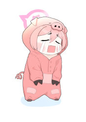Rule 34 | 1girl, :o, alternate costume, animal costume, blue archive, blush stickers, chibi, commentary request, crying, fang, hair between eyes, halo, highres, koyuki (blue archive), long hair, long sleeves, looking at viewer, pig costume, pink hair, puffy cheeks, sidelocks, simple background, skin fang, solo, streaming tears, tears, white background, yosik