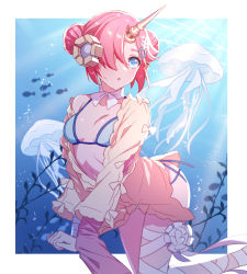 Rule 34 | 1girl, bandaged arm, bandages, bikini, blue background, blue bikini, blue eyes, breasts, double bun, fate/grand order, fate (series), frankenstein&#039;s monster (fate), frankenstein&#039;s monster (swimsuit saber) (fate), frankenstein&#039;s monster (swimsuit saber) (first ascension) (fate), hair bun, hair ornament, hair over one eye, horns, jellyfish, looking at viewer, moe (hamhamham), navel, open mouth, pink hair, school of fish, short hair, single horn, small breasts, solo, swimsuit