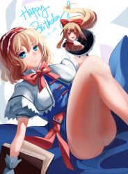 Rule 34 | 1girl, alice margatroid, ass, bad id, bad pixiv id, blonde hair, blue dress, blue eyes, book, brown eyes, capelet, dated, doll, dress, dutch angle, gloves, hair ribbon, hairband, happy birthday, highres, long hair, looking at viewer, nokto, open mouth, puffy sleeves, ribbon, sash, shanghai doll, short hair, short sleeves, smile, solo, touhou, white gloves