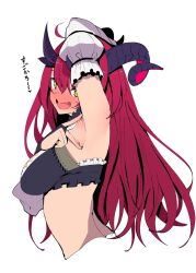 Rule 34 | 1girl, arm up, armpits, blush, breasts, bridal gauntlets, character request, copyright request, cropped torso, demon horns, detached sleeves, fang, frills, from side, green eyes, hair between eyes, hand up, highres, horns, jikatarou, large breasts, long hair, looking at viewer, open mouth, presenting armpit, purple horns, red hair, red horns, shadow, simple background, skin fang, solo, spread armpit, tongue, translation request, white background, white sleeves