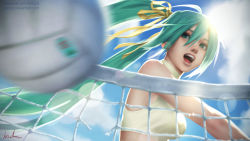 Rule 34 | 1girl, ahoge, ball, beach volleyball, blue sky, cloud, crop top, day, gohpot, green eyes, green hair, hair ribbon, halterneck, hatsune miku, highres, lens flare, long hair, matching hair/eyes, motion blur, open mouth, playing sports, realistic, ribbon, signature, sky, solo, sun, twintails, upper body, vignetting, vocaloid, volleyball, volleyball (object), volleyball net