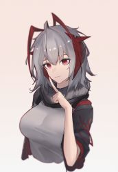 Rule 34 | 1girl, absurdres, ahoge, antennae, arknights, black jacket, breasts, commentary request, cropped torso, gradient background, grey background, grey scarf, grey shirt, hand up, highres, horns, index finger raised, jacket, large breasts, looking at viewer, open clothes, open jacket, red eyes, scarf, sedl 04, shirt, short hair, short sleeves, silver hair, smile, solo, upper body, w (arknights)