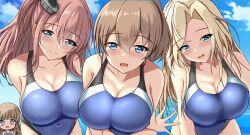 Rule 34 | 4girls, alternate costume, blonde hair, blue eyes, blush, bottle, braid, breasts, brown hair, cloud, cloudy sky, competition swimsuit, cowboy shot, day, hair between eyes, hair bun, highres, holding, holding bottle, hornet (kancolle), intrepid (kancolle), kantai collection, large breasts, light brown hair, long hair, looking at viewer, montemasa, multiple girls, one-piece swimsuit, open mouth, ponytail, ranger (kancolle), saratoga (kancolle), short hair, side braids, side ponytail, single side bun, sky, smile, smokestack, smokestack hair ornament, swimsuit