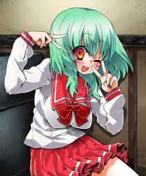 Rule 34 | 1girl, blush, bow, bowtie, breasts, chair, character request, commentary request, cowboy shot, double v, gedougawa, green hair, hair between eyes, impossible clothes, impossible shirt, long sleeves, looking at viewer, lucky star, medium bangs, medium breasts, medium hair, one eye closed, open mouth, orange eyes, pleated skirt, red bow, red bowtie, red sailor collar, red skirt, round teeth, ryouou school uniform, sailor collar, school uniform, shirt, sitting, skirt, smile, solo, teeth, upper teeth only, v, white shirt