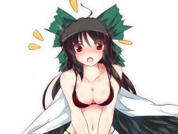Rule 34 | 1girl, :o, ^^^, ahoge, black hair, blush, bra, breasts, cape, cleavage, dedeyong, feathers, female focus, lingerie, navel, open mouth, red eyes, reiuji utsuho, solo, touhou, transparent background, underwear, underwear only, upper body, v arms, wings