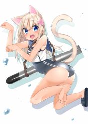 Rule 34 | 10s, 1girl, animal ears, ass, blonde hair, blue eyes, cacao (cacao0809), cat ears, cat tail, crop top, fang, flower, hair flower, hair ornament, highres, kantai collection, kemonomimi mode, one-piece tan, paw pose, ro-500 (kancolle), school swimsuit, solo, swimsuit, swimsuit under clothes, tail, tan, tanline, torpedo