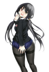 Rule 34 | 1girl, ass, black hair, black pantyhose, blue skirt, blush, bulbonne, covering privates, covering ass, date a live, embarrassed, from behind, hair over one eye, heterochromia, highres, long hair, long sleeves, miniskirt, open mouth, panties, panties under pantyhose, pantyhose, pleated skirt, red eyes, school uniform, skirt, solo, standing, thighband pantyhose, tokisaki kurumi, twintails, underwear, wavy mouth, white background, yellow eyes