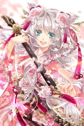 Rule 34 | 1girl, araragi soushi, blue eyes, blush, detached sleeves, flower, hair ornament, instrument, long hair, open mouth, original, petals, smile, solo, traditional clothes, white hair