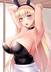 Rule 34 | 1girl, 3104 (3104milkshake), animal ears, areola slip, armpits, arms behind head, arms up, azur lane, black leotard, blonde hair, blue eyes, blush, breasts, choker, cleavage, collarbone, commentary request, cross, cross choker, fake animal ears, hairband, highres, huge breasts, indoors, leotard, long hair, looking at viewer, north carolina (azur lane), open mouth, playboy bunny, rabbit ears, skirt, solo, sweat, tongue, white skirt