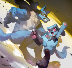 Rule 34 | arm up, blue fur, claws, clenched teeth, commentary, creatures (company), evolutionary line, fangs, furry, game freak, gen 4 pokemon, lucario, nintendo, open mouth, pokemon, pokemon (creature), popodunk, red eyes, riolu, signature, smile, teeth, toes, tongue, yellow fur