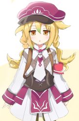 Rule 34 | 1girl, absurdres, artist request, blonde hair, brown eyes, hat, highres, livia (rune factory), long hair, looking at viewer, open mouth, rune factory, rune factory 5, solo, white background