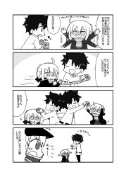 Rule 34 | 1boy, 2girls, 4koma, :d, :o, afterimage, ahoge, arms up, artoria pendragon (fate), baseball cap, blush, braid, chaldea uniform, chibi, closed eyes, comic, fate/grand order, fate (series), flailing, food, fujimaru ritsuka (male), greyscale, hair between eyes, hair bun, hat, holding, holding food, hood, hood down, hooded jacket, jacket, kasuga yuuki, long sleeves, monochrome, multiple girls, mysterious heroine x (fate), mysterious heroine x alter (fate), mysterious heroine x alter (first ascension) (fate), open clothes, open jacket, open mouth, parted lips, pleated skirt, scarf, single hair bun, skirt, smile, sparkle, translation request, uniform, v-shaped eyebrows