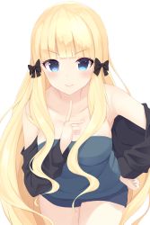 Rule 34 | 1girl, absurdres, bare shoulders, blonde hair, blue eyes, bow, casual, collarbone, commentary request, cowboy shot, hair bow, hand on own hip, highres, leaning forward, light blush, long hair, long sleeves, looking at viewer, off shoulder, princess connect!, saren (princess connect!), shirt, simple background, smile, solo, strapless, strapless shirt, very long hair, white background, zeatto