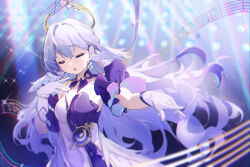Rule 34 | 1girl, absurdres, bare shoulders, bead bracelet, beads, bracelet, chestnut mouth, closed eyes, coria, detached sleeves, dress, earrings, facing down, floating hair, gloves, halo, hand up, head wings, highres, honkai: star rail, honkai (series), jewelry, long hair, musical note, parted lips, purple dress, purple hair, purple wings, robin (honkai: star rail), short sleeves, solo, stage lights, standing, two-tone dress, white dress, white gloves, wings