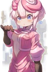 Rule 34 | 1girl, bandam, blue eyes, breasts, brown gloves, character request, clothes lift, gloves, highres, jacket, jacket lift, made in abyss, multicolored hair, nipples, pink hair, pink jacket, signature, small breasts, solo, standing, tepaste