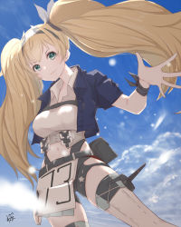 Rule 34 | 1girl, artist name, blonde hair, blue eyes, blue sky, breasts, closed mouth, collared shirt, cowboy shot, gambier bay (kancolle), gambier bay mk ii (kancolle), kantai collection, large breasts, long hair, looking at viewer, navel, neve (morris-minicooper), shirt, signature, sky, smile, solo, twintails, white shirt