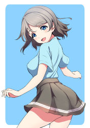 Rule 34 | 1girl, aqua eyes, aqua shirt, artist name, artist request, blue eyes, blush, breasts, brown hair, female focus, from behind, grey hair, grey skirt, hair between eyes, highres, light brown hair, looking at viewer, looking back, love live!, love live! sunshine!!, medium breasts, outstretched arms, shirt, short hair, sideboob, skirt, solo, watanabe you