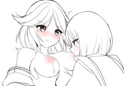 Rule 34 | 1girl, 1other, ^^^, androgynous, breast sucking, breasts, closed mouth, commentary request, fujiwara no shirogane no sanra, genderswap, genderswap (otf), grabbing, grabbing another&#039;s breast, kashiwagi kaoru, lactation, large breasts, len&#039;en, ougi hina, short hair, simple background, spot color, sweat, tearing up, white background