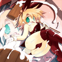Rule 34 | 1girl, animal ears, ass, blonde hair, blush, breasts, cameltoe, detached collar, fake animal ears, food, gloves, green eyes, hammer, holding, large breasts, leotard, mochi, mochitsuki, open mouth, original, playboy bunny, pointy ears, rabbit ears, red thighhighs, sakaki (noi-gren), scanlines, solo, suggestive fluid, thighhighs, wagashi, white gloves, wrist cuffs, zoom layer