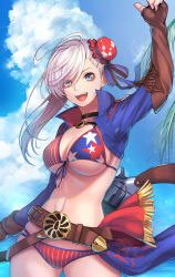 Rule 34 | 1girl, :d, american flag bikini, american flag print, arm at side, arm up, asymmetrical hair, belt, bikini, blue eyes, blue sky, breasts, bun cover, choker, cloud, collared jacket, cropped jacket, day, eyes visible through hair, fate/grand order, fate (series), fingerless gloves, flag print, front-tie bikini top, front-tie top, gloves, grey hair, gun, hair bun, handgun, high collar, highres, jacket, large breasts, long hair, long sleeves, looking at viewer, miyamoto musashi (fate), miyamoto musashi (fate/grand order), miyamoto musashi (swimsuit berserker) (fate), miyamoto musashi (swimsuit berserker) (second ascension) (fate), multicolored eyes, navel, open clothes, open jacket, open mouth, outdoors, outstretched arms, pink eyes, print bikini, print swimsuit, re (re 09), revolver, side ponytail, single hair bun, sky, smile, solo, star (symbol), star print, stomach, swept bangs, swimsuit, underboob, weapon, weapon on back