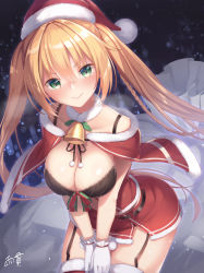 Rule 34 | .live, 1girl, alternate costume, amanuki-san, bell, blonde hair, blush, breasts, cleavage, collar, commentary request, green eyes, hair ornament, kongou iroha, large breasts, long hair, looking at viewer, neck bell, night, santa costume, smile, snow, snowing, solo, twintails, virtual youtuber